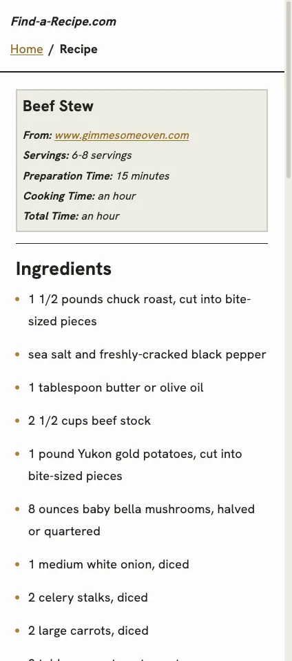 Recipe page, mobile
