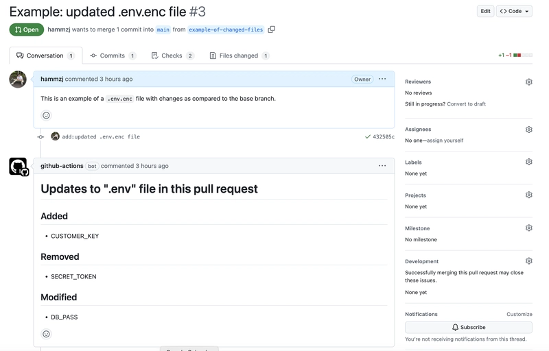 An example of a pull request with a comment that displays changes to key names within environment files